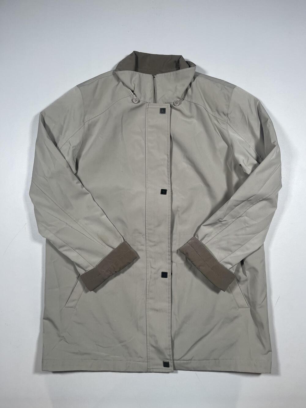 Liz Claiborne Coat Womens Medium Beige Rain Full Zip Lined Pockets Mid Length